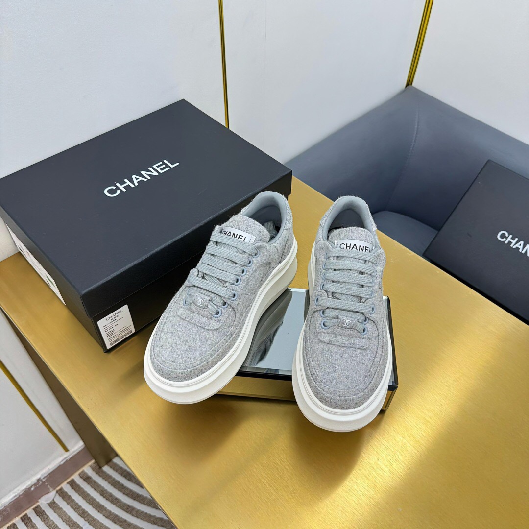 2025 Women Chanel Grey Wool Platform Sneakers