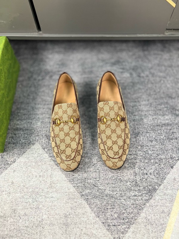 2024 Men Gucci Beige Brown Canvas Leather Loafer