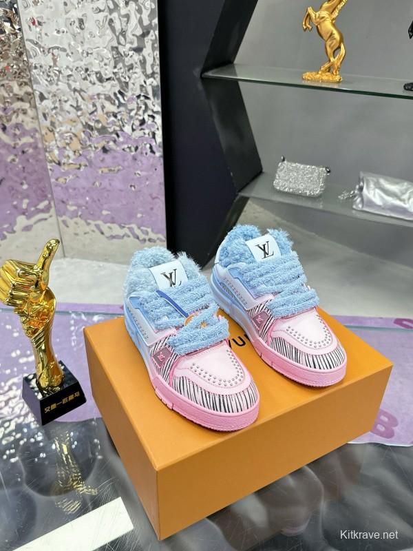 2024 Unisex Louis Vuitton Blue Pink Leather Sneakers