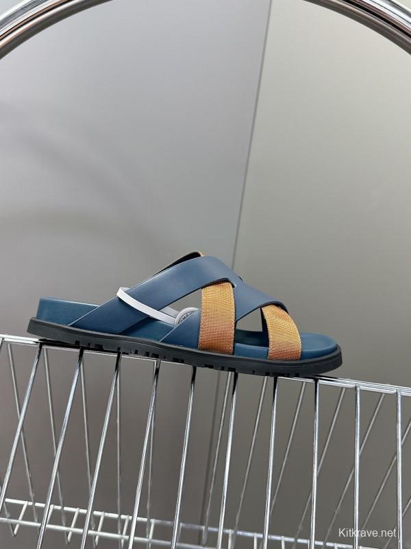 2025 Slippers Hermès Blue Brown Leather Slippers