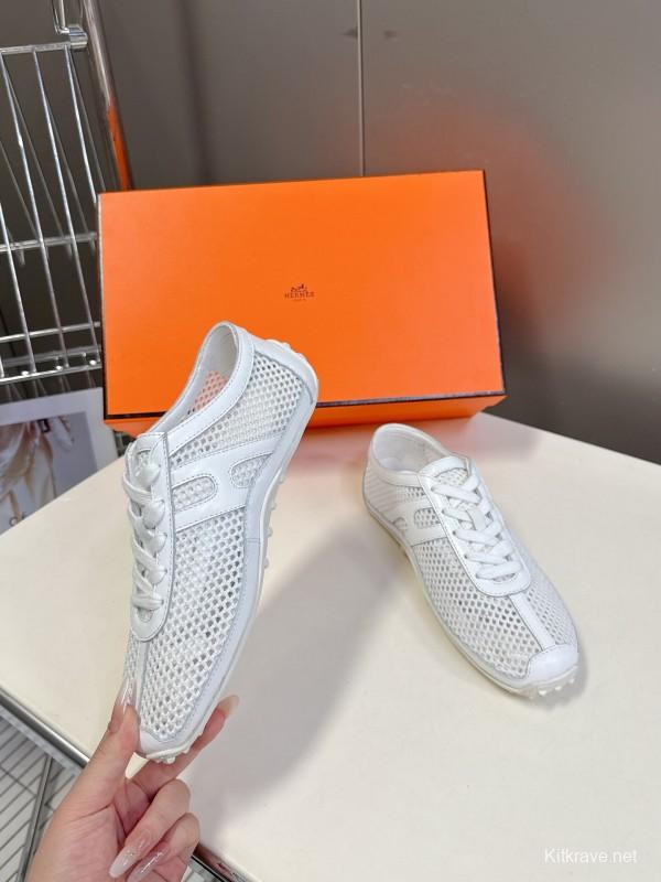 2025 Women Hermès White Leather Mesh Sneakers KFY00250