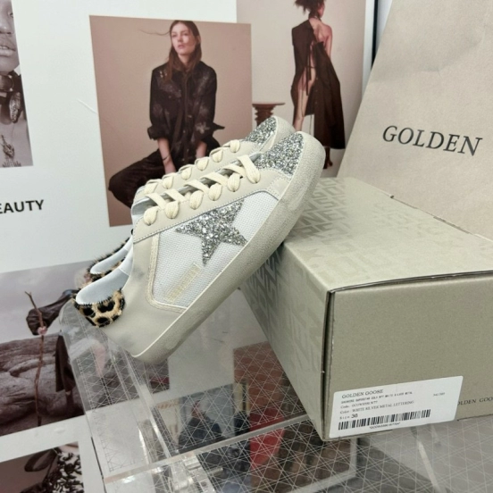 2025 Women GGDB White Silver Leather Glitter Sneakers