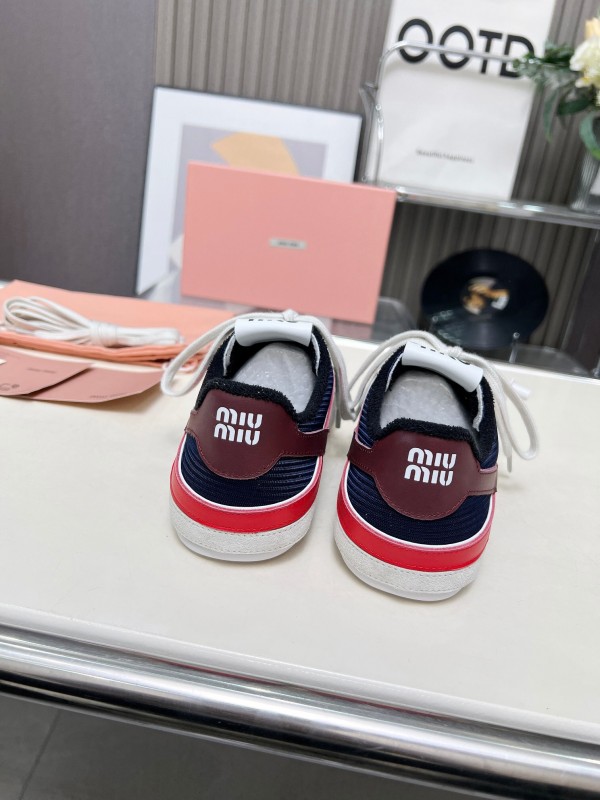 2025 Women Miu Miu Navy White Red Suede Fabric Sneakers LY00