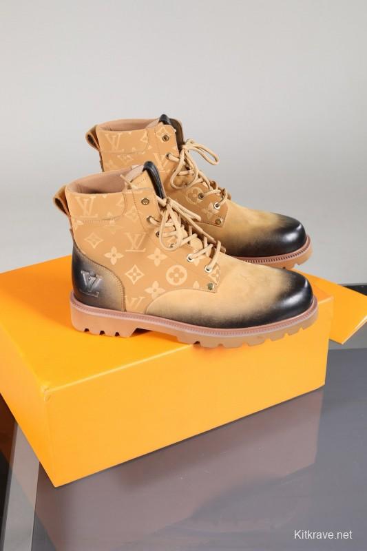 2024 Men Louis Vuitton Beige Black Leather Canvas Boots MJ00470