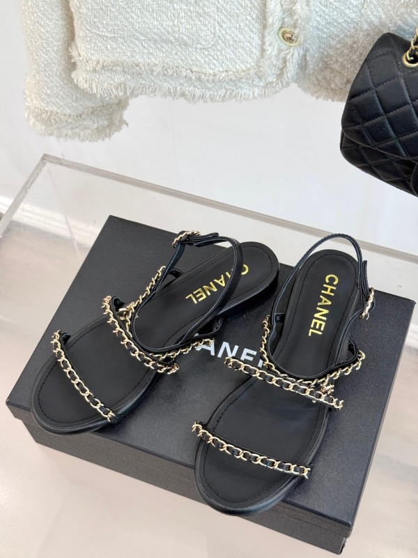 2025 Women Chanel Black Leather Slingback Sandals Chain KFY00270