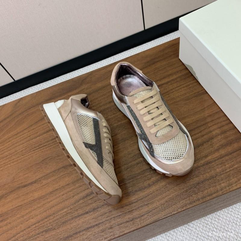 2025 Unisex Brunello Cucinelli Beige Black Mesh Suede Sneakers