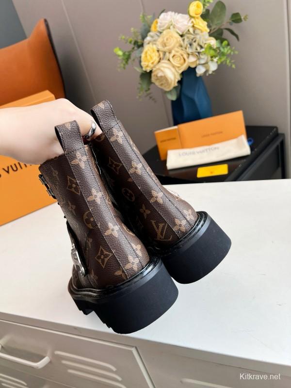 2024 Women Louis Vuitton Brown Black Leather Ankle Boots MJ00310
