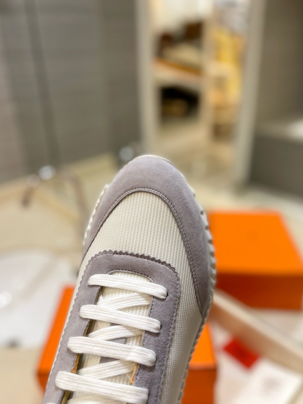 2024 Unisex Hermès White Grey Silk Leather Sneakers MJ00320