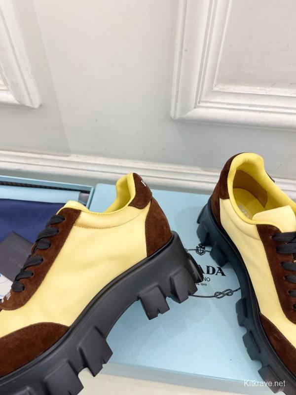 2025 Unisex Prada Yellow Brown Suede Silk Sneakers KFY00310(F)/KFY00330(M)