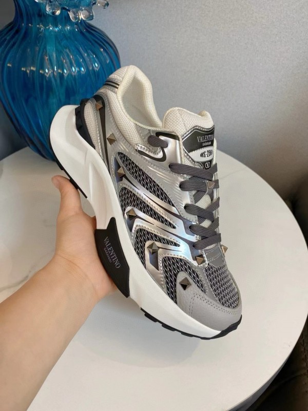 2024 Unisex Valentino White Black Grey Mesh Leather Sneakers MJ00410