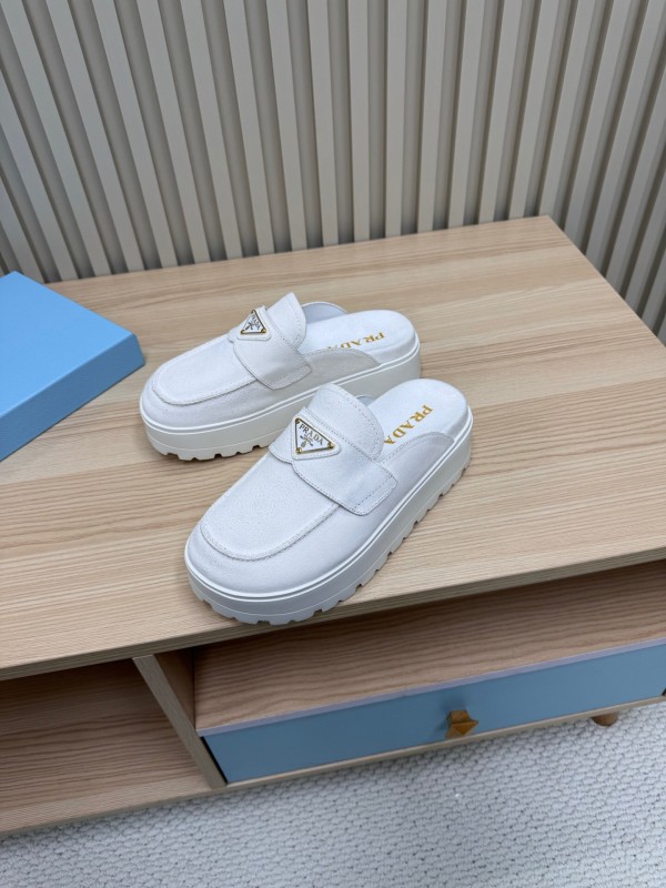 2025 Women Prada White Canvas Platform Loafers