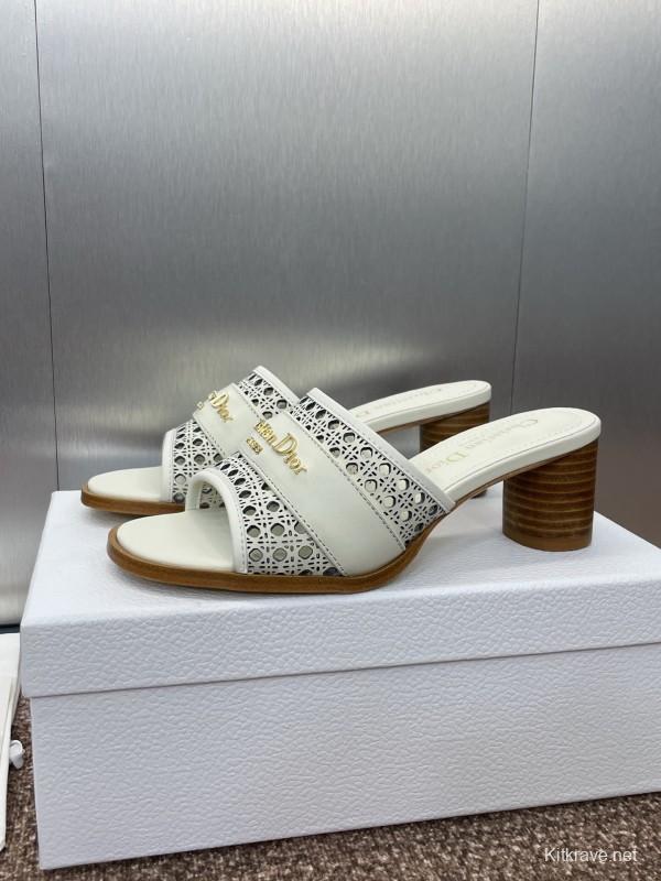 2025 Women Dior White Leather Sandals CD Pattern Low Heel KFY00310