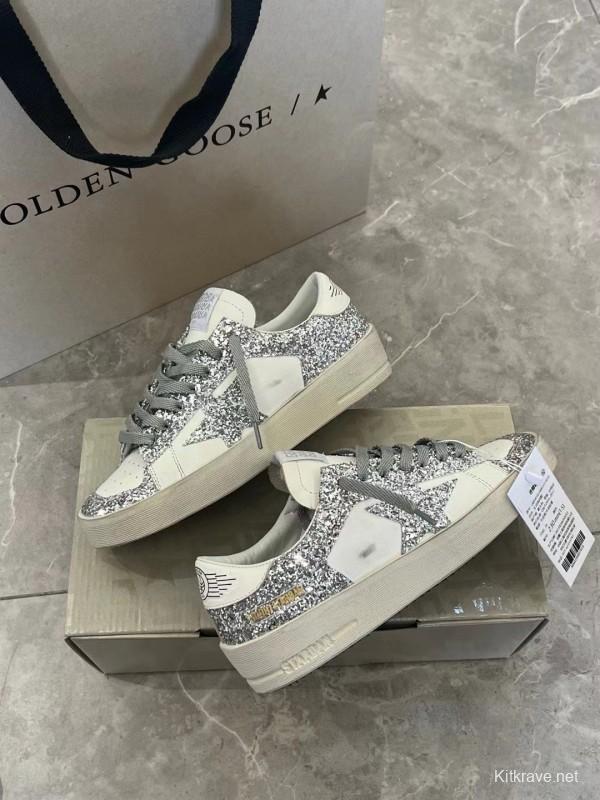 2024 Unisex GGDB White Silver Leather Glitter Low-Top Sneakers MJ00260