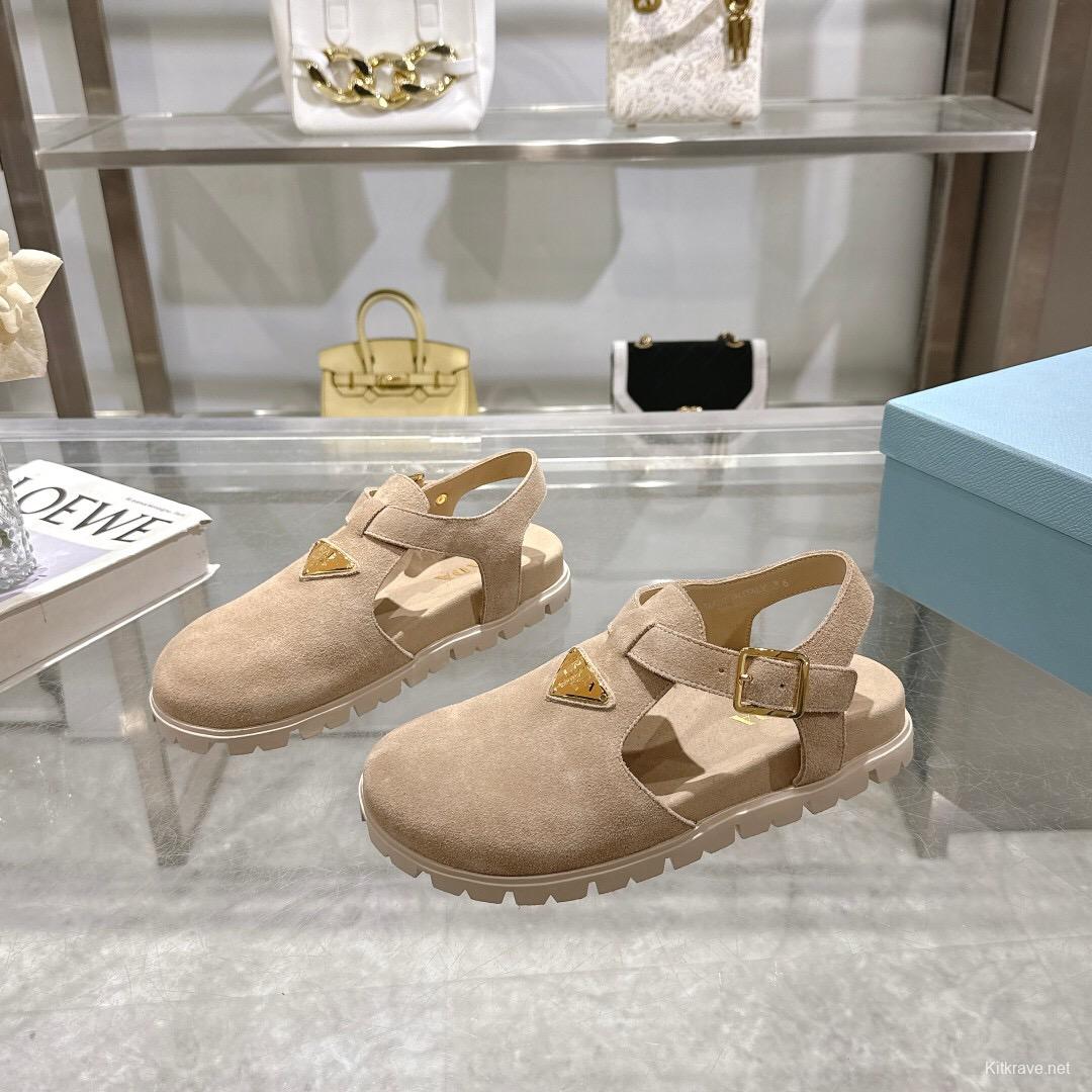 2025 Women Prada Beige Suede Slingback Flat LY00270
