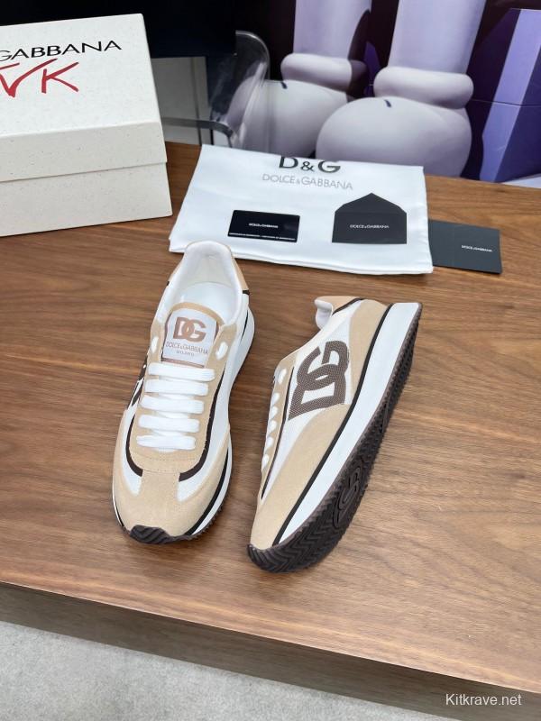 2025 Unisex Dolce & Gabbana White Beige Suede Mesh Sneakers LY00300