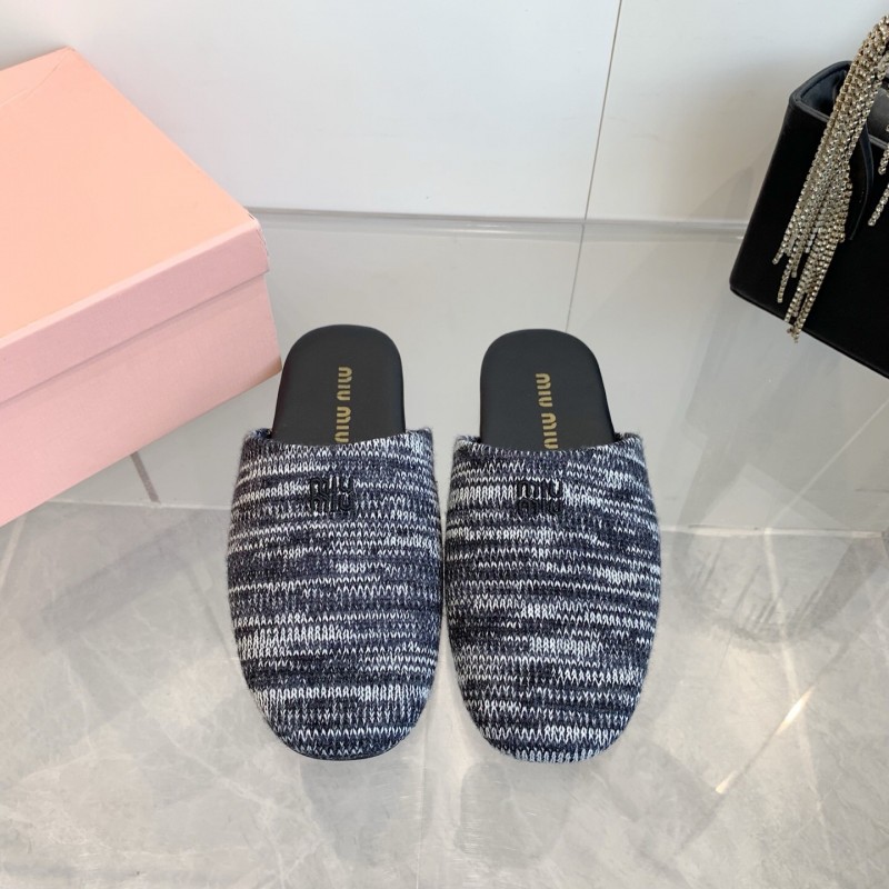2025 Women Miu Miu Black White Knit Leather Slippers