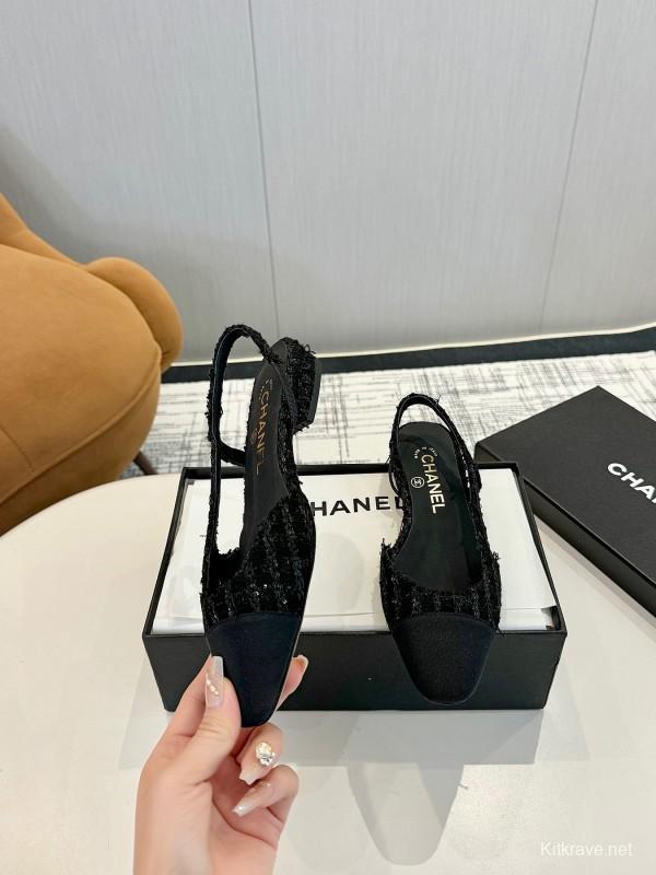 2025 Women Chanel Black Leather Tweed Ballet Flats LY00240