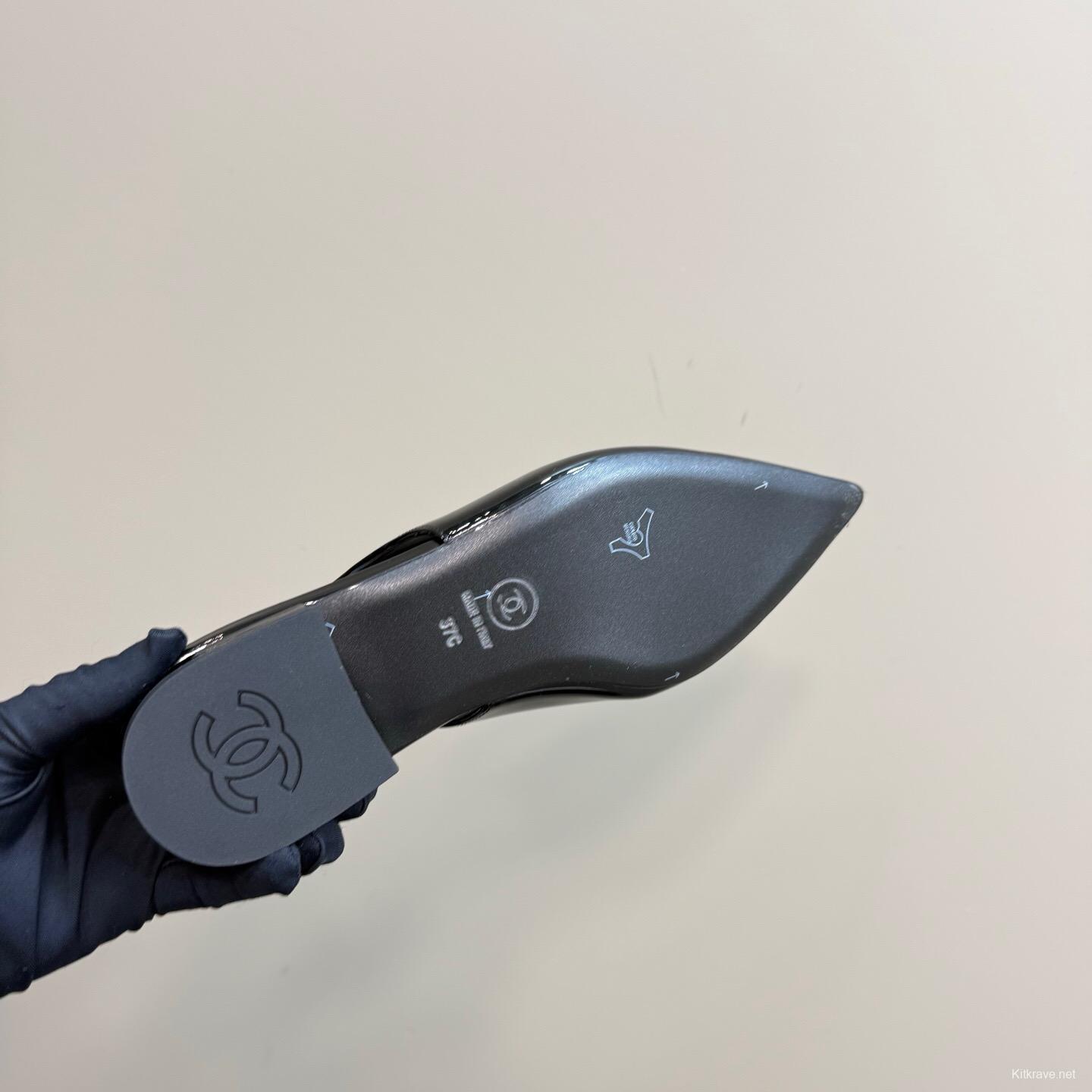 2025 Women Chanel Black Satin Leather Slingback Flats KFY00290