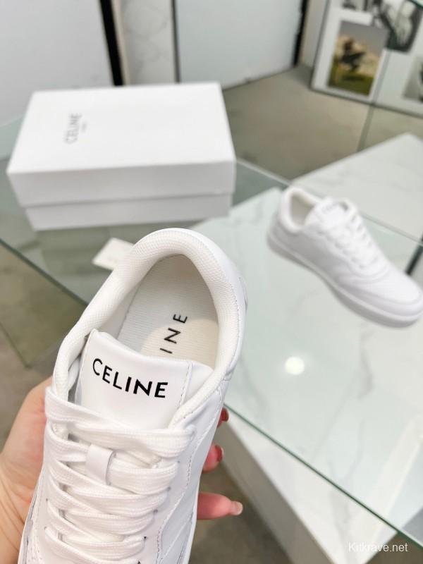 2025 Women Celine White Leather Sneakers Block Triomphe KFY00260