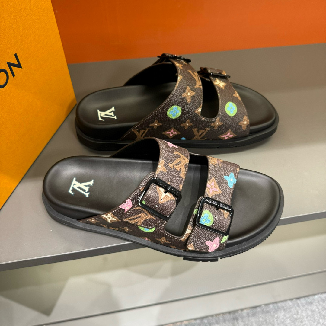 2024 Men Louis Vuitton Brown Black Rubber Leather Sandals Oblique MJ00210