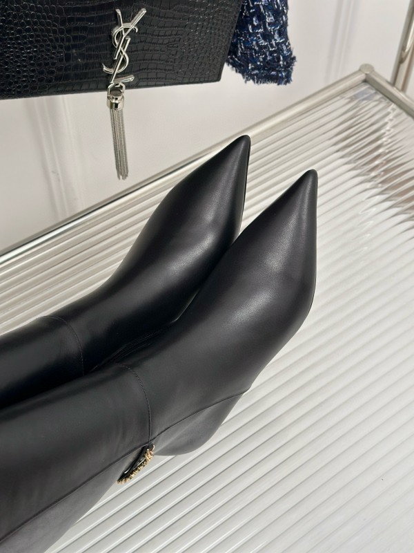 2024 Women YSL Black Leather Boots Chain Detail