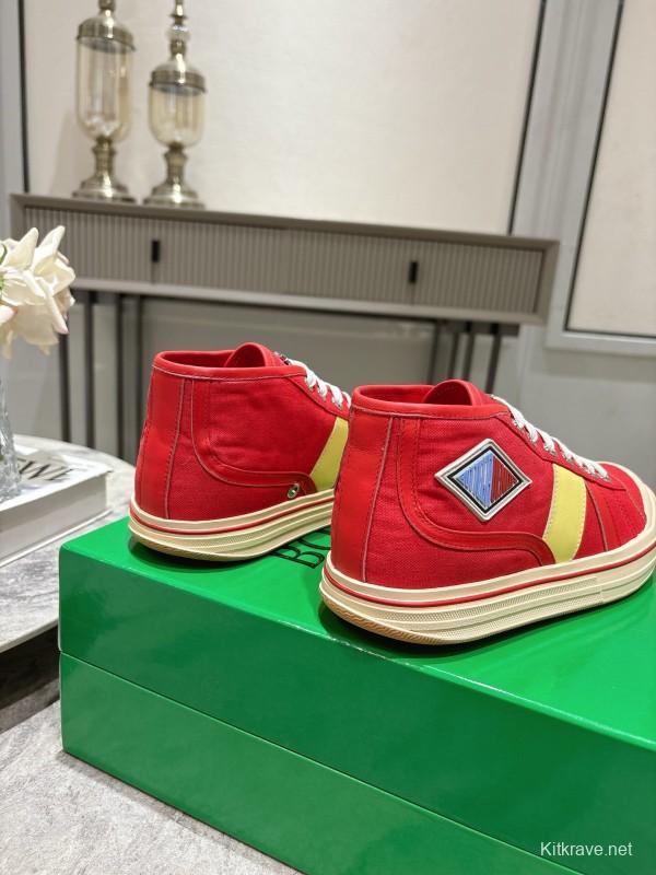2025 Unisex Bottega Veneta Red Yellow Canvas Leather Sneakers Hand Painted KFY00260(F/M)