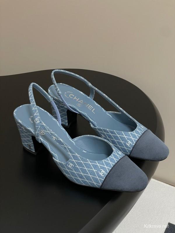 2025 Women Chanel Light Blue Denim Leather Sling-back Heels
