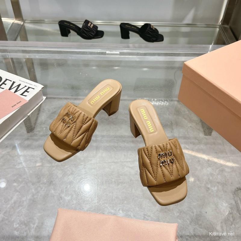 2025 Women Miu Miu Beige Lambskin Heeled Sandals MDR00123