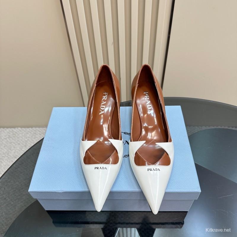 2025 Women Prada White Brown Leather Heels KFY00310