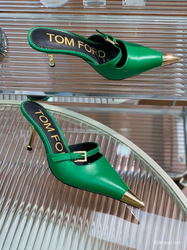 2025 Women TOM FORD Green Gold Leather Pointed Toe Mules KFY00300