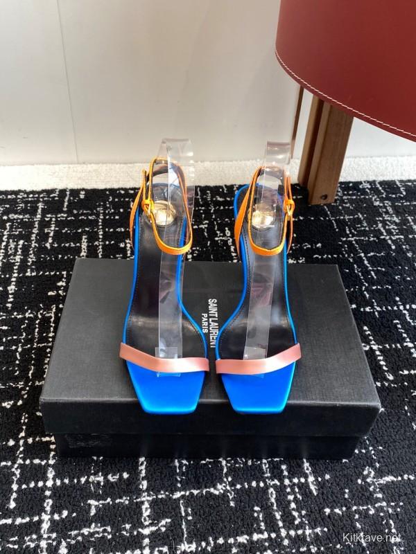 2025 Women Yves Saint Laurent Blue Orange Pink Leather Suede High Heel Sandals