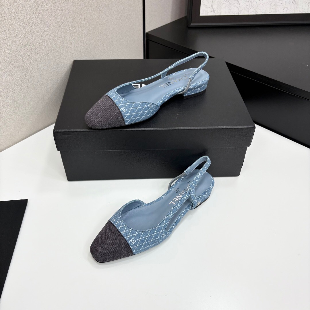 2025 Women Chanel Blue Black Denim Leather Slingback LY00240