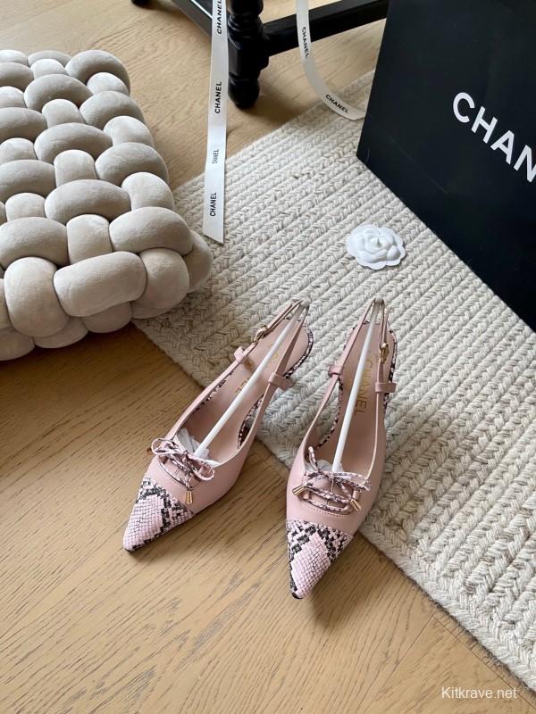 2025 Women Chanel Pink Python Leather Bow High Heels KFY00320