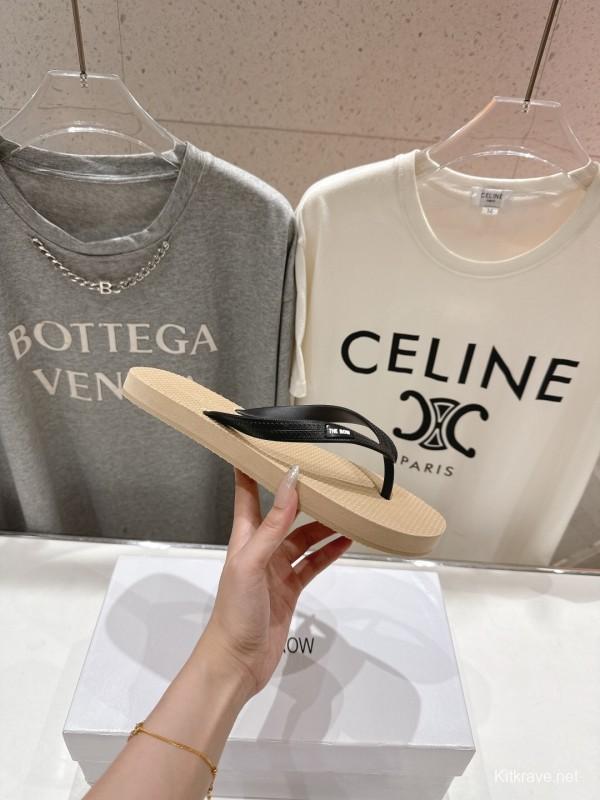 2025 Unisex The Row Beige And Black Leather Casual Flip-Flops Handmade KFY00160