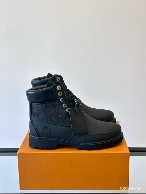 2024 Men Louis Vuitton Black Leather Monogram Work Boots MJ00390