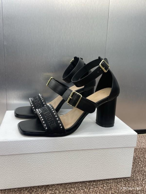 2025 Women Dior Black Leather Sandals Studded KFY00320