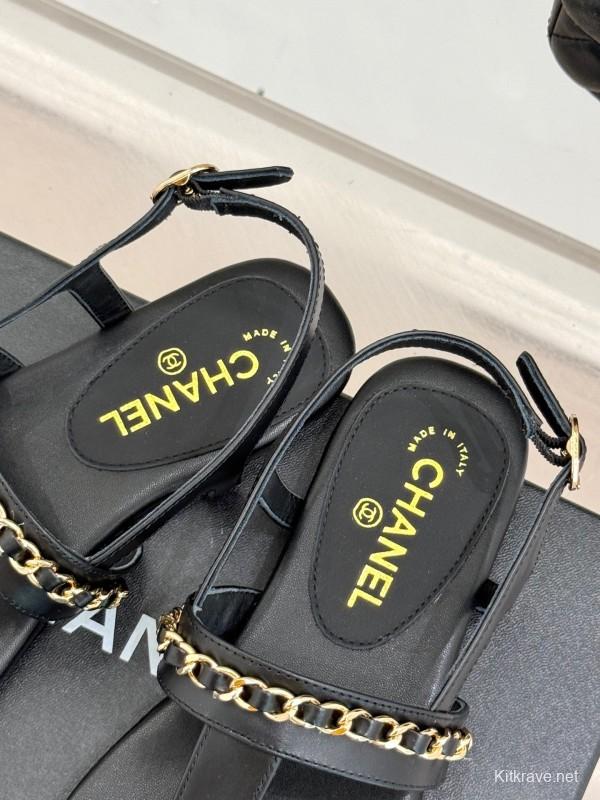 2025 Women Chanel Black Leather Sandals KFY00250