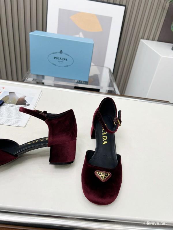 2025 Women Prada Burgundy Velvet Mary Jane Heel LY00270