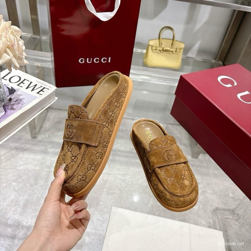 2025 Women Gucci Dark Brown Suede Loafers Embossed GG LY00270
