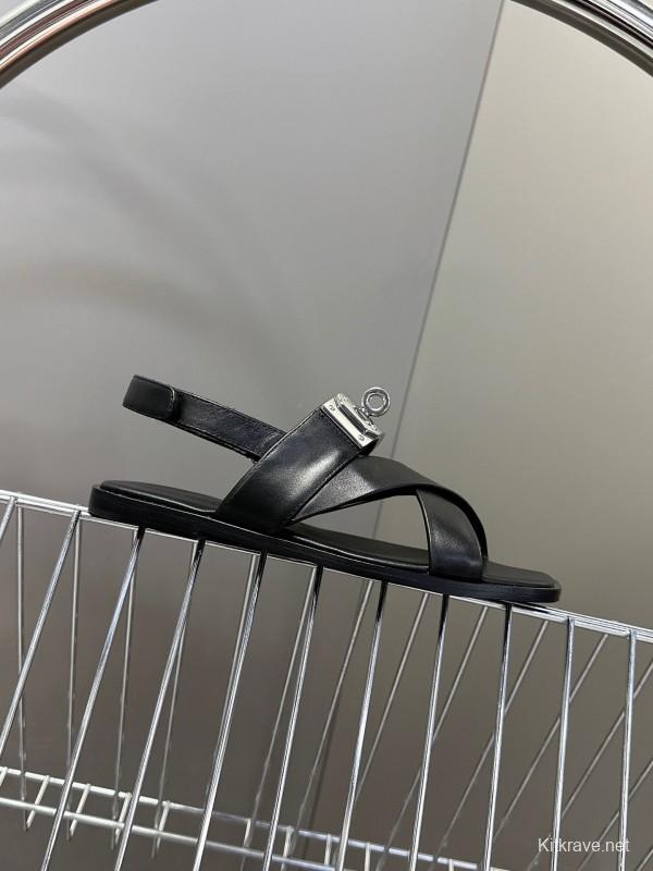 2025 Women Hermès Black Leather Sandals Metal Buckle KFY00300