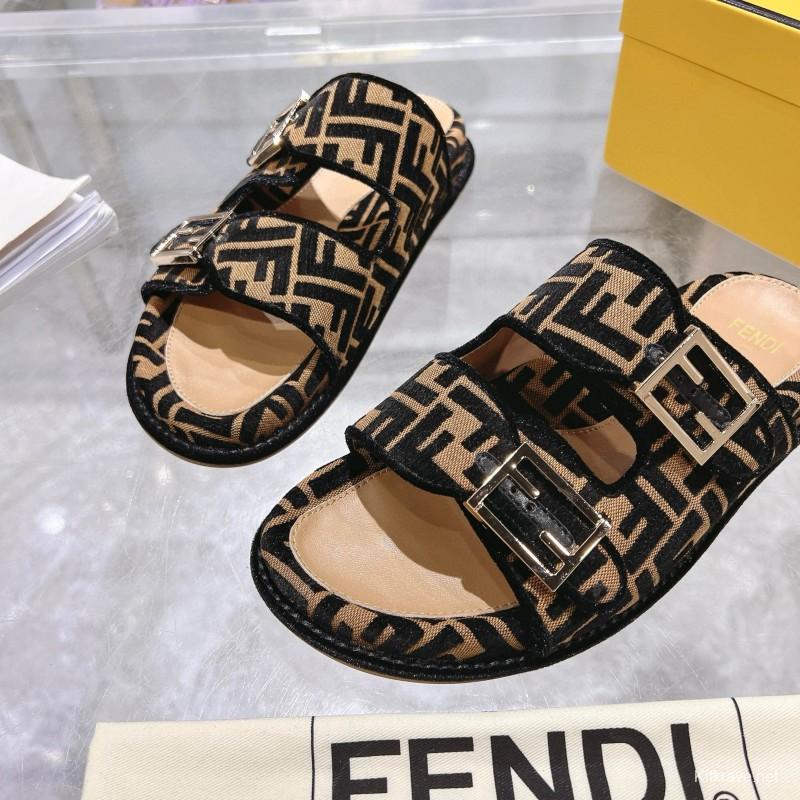 2025 Fendi Black Beige Jacquard Fabric Leather Slippers