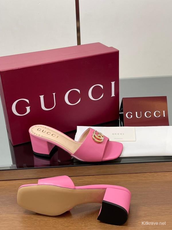2025 Women Gucci Pink Lambskin Mid Heel Crystal GG Buckle Slide LY00280