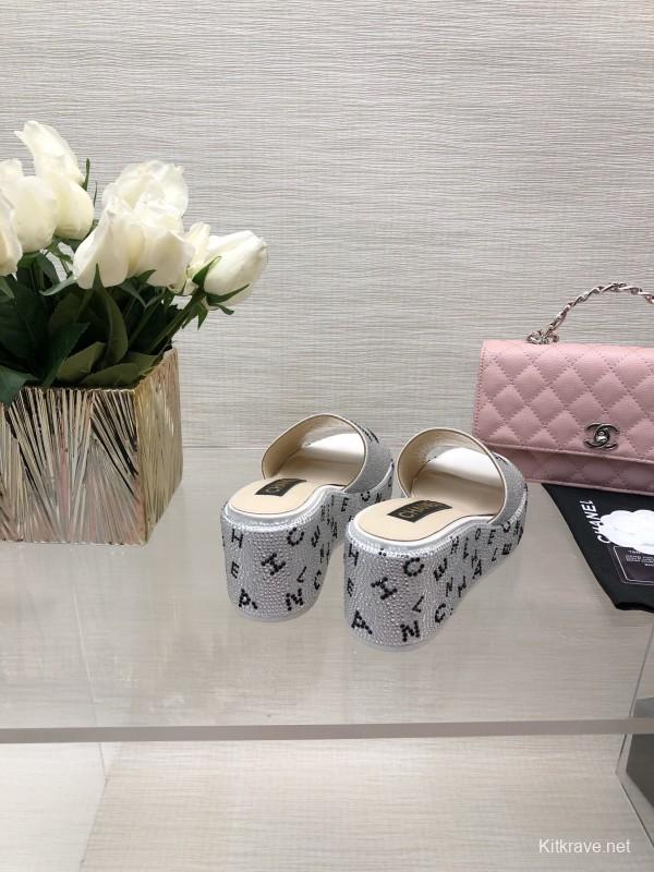 2025 Slippers Chanel White Rhinestone Platform Slide LY00330