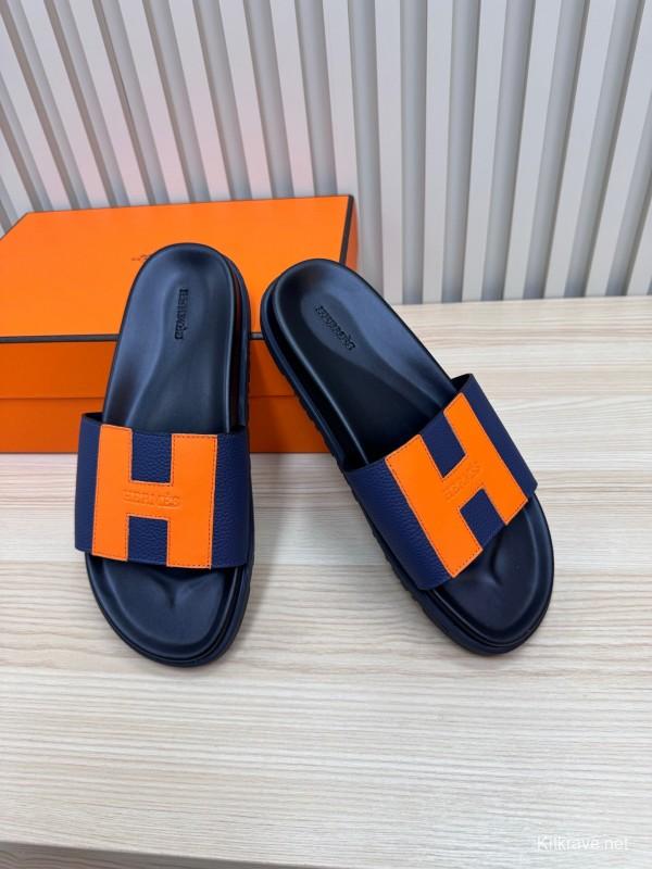 2025 Slippers Hermès Orange Navy Leather Slippers