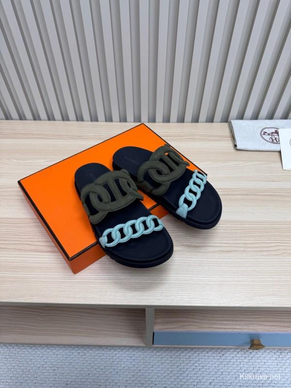 2025 Women Hermès Black Light Blue Leather Slippers