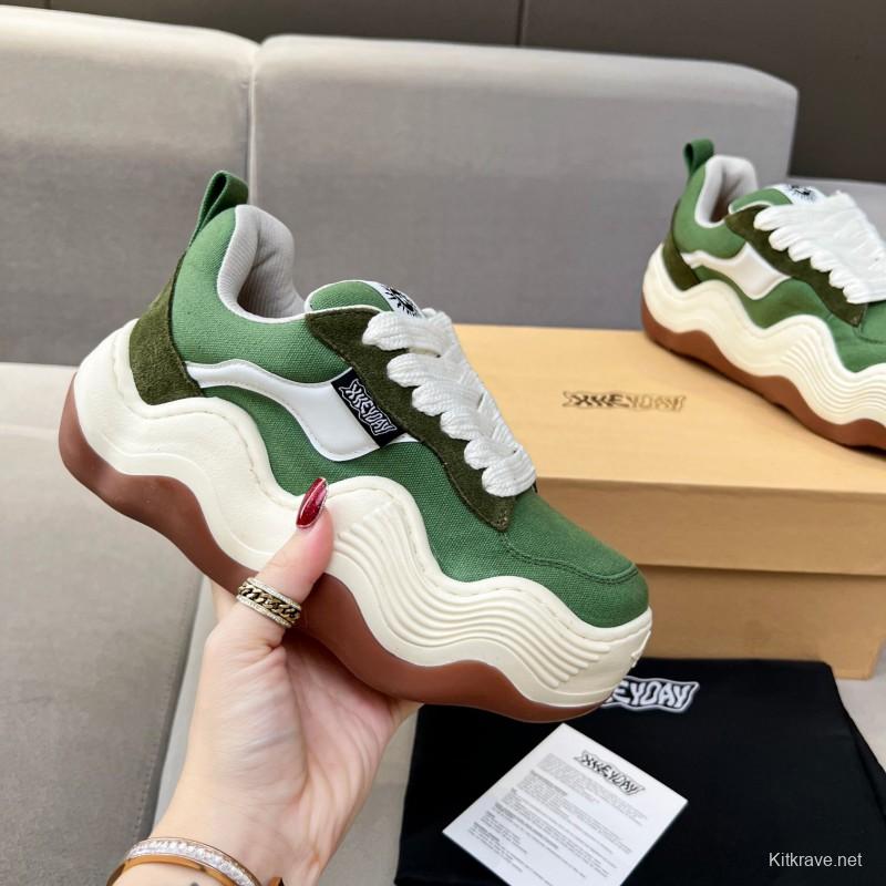 2025 Unisex HEYDAY Green White Canvas Leather Wave Sneakers KFY00260
