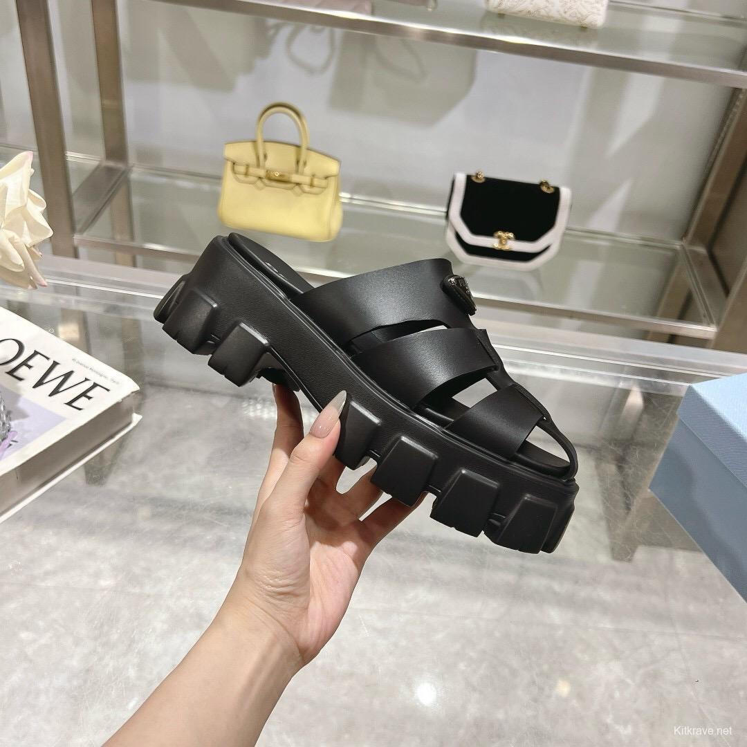 2025 Women Prada Black Leather Slingback Sandals LY00250
