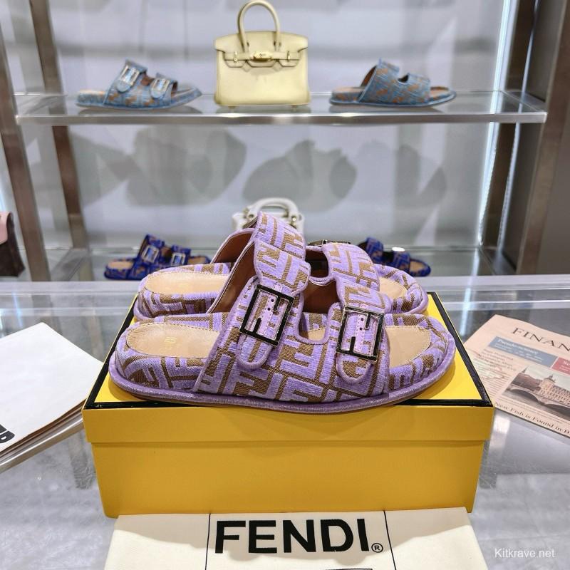 2025 Slippers Fendi Purple Fabric Buckle FF Jacquard MJ00230
