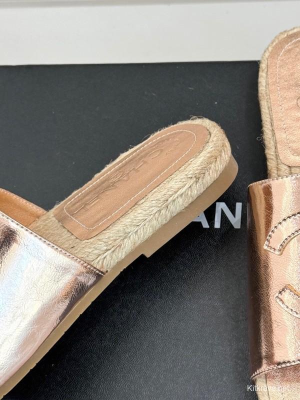 2025 Slippers Chanel Rose Gold Leather Women Espadrille Handmade KFY00230