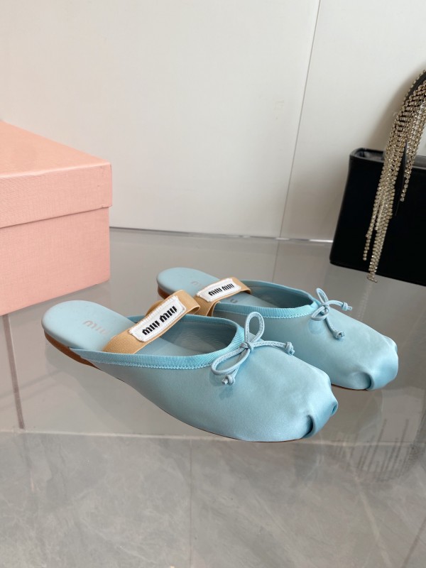 2025 Women Miu Miu Light Blue Satin Slip-On Ballet Flats KFY00280